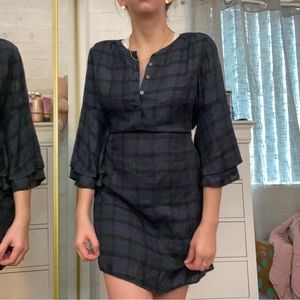 Navy Blue and green plaid dress with button top, 3/4 sleeve